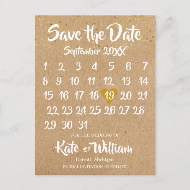 Rustic Kraft Gold Heart Calendar Save the Date Announcement Postcard (Front)