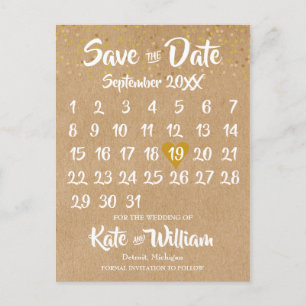 Rustic Kraft Gold Heart Calendar Save the Date Announcement Postcard
