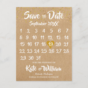 Rustic Kraft Gold Heart Calendar Save the Date Postcard