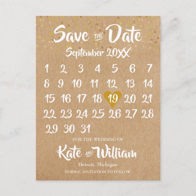 Rustic Kraft Gold Heart Calendar Save the Date Postcard (Front)