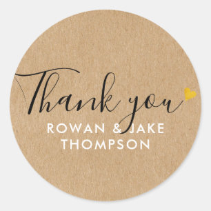 Rustic Kraft Gold Heart Script Thank You Classic Round Sticker
