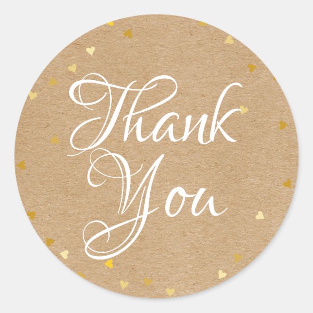 Rustic kraft gold hearts bridal shower thank you classic round sticker (Front)