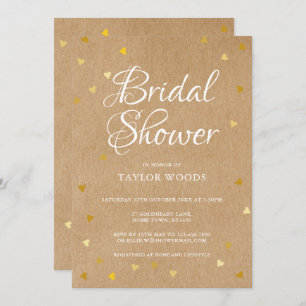 Rustic kraft gold hearts confetti bridal shower invitation