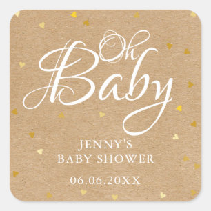 Rustic kraft gold hearts Oh Baby baby shower Square Sticker
