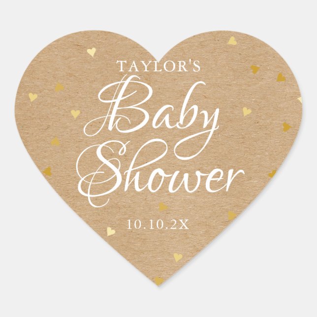Rustic Kraft Gold Love Hearts Baby Shower Heart Sticker (Front)