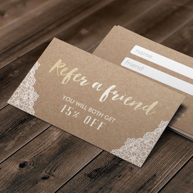 Rustic Kraft Gold Script White Lace Referral Card (Creator Uploaded)