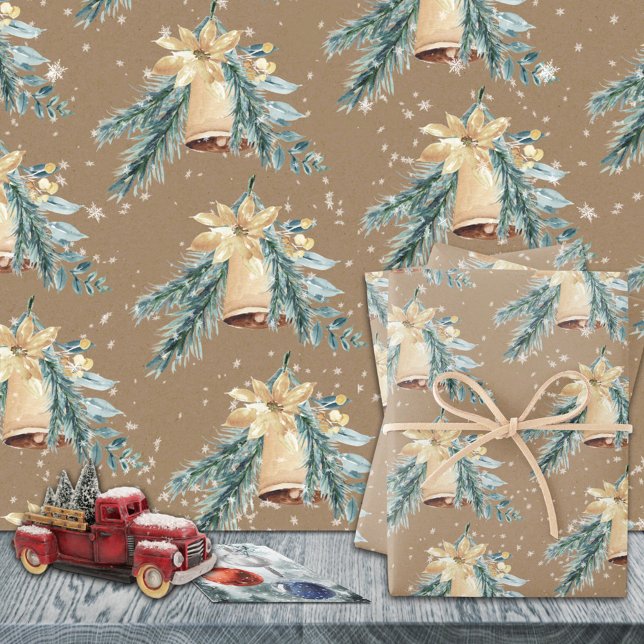 Rustic Kraft Golden Christmas Bells Are Ringing Wrapping Paper Sheet (Rustic Kraft Golden Christmas Bells Are Ringing Holiday Gift Wrapping Paper Sheets Trio)