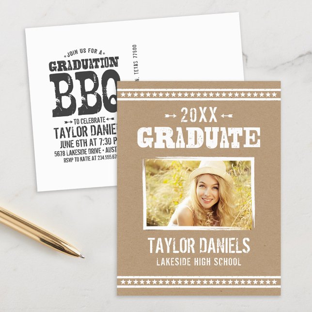 Rustic Kraft Graduation Photo BBQ Invitation Postcard (Creator Uploaded)