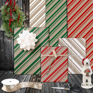 Rustic Kraft Green Red White Candy Stripes Wrapping Paper Sheet