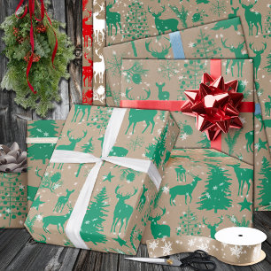 Rustic Kraft Green Woodland Forest Reindeer Wrapping Paper