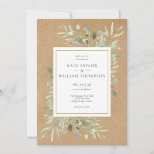 Rustic Kraft Greenery Watercolor Leaves Wedding Invitation