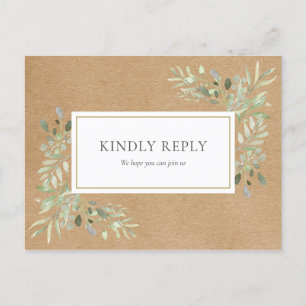 Rustic Kraft Greenery Wedding RSVP Invitation Postcard