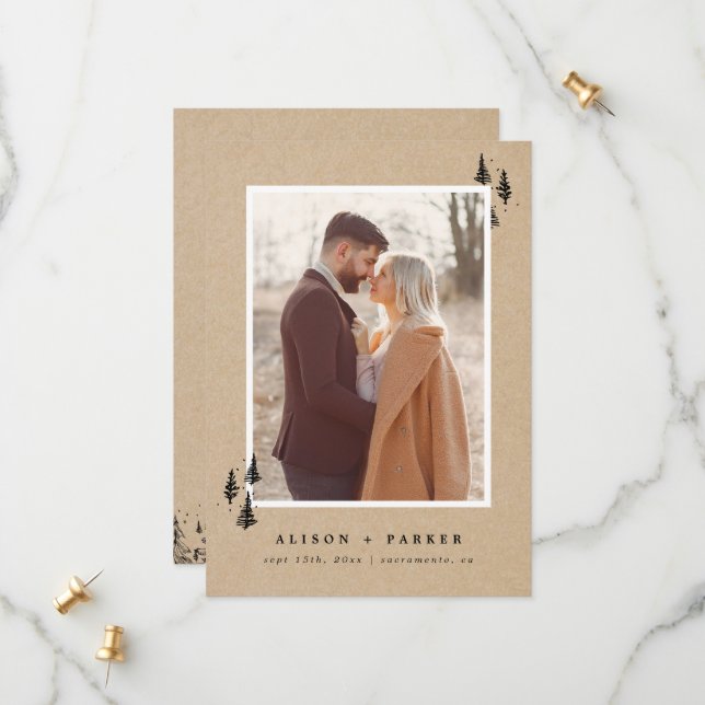Rustic Kraft Hand-drawn Mountains Pine Trees Photo Save The Date (Front/Back In Situ)