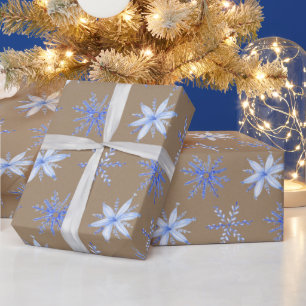 Rustic Kraft Hand Drawn Periwinkle Blue Snowflakes Wrapping Paper