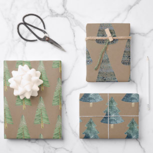 Rustic Kraft Hand Painted Pine & Spruce Trees Wrapping Paper Sheet