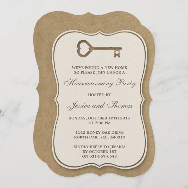 Rustic Kraft Heart Key New Home Housewarming Invitation (Front/Back)