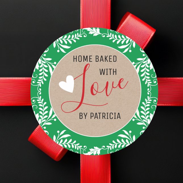 Rustic Kraft Home Baked With Love Green And White Classic Round Sticker (Creator Uploaded)