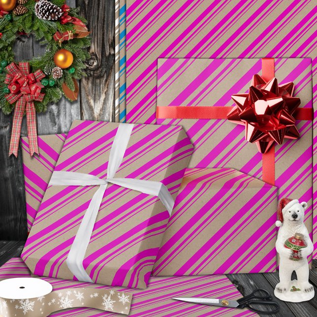 Rustic Kraft Hot Pink Stripes Holiday Wrapping Paper (Hot Pink Candy Cane Stripe Holiday Wrapping Paper Rolls in 6 and 15 foot rolls.)
