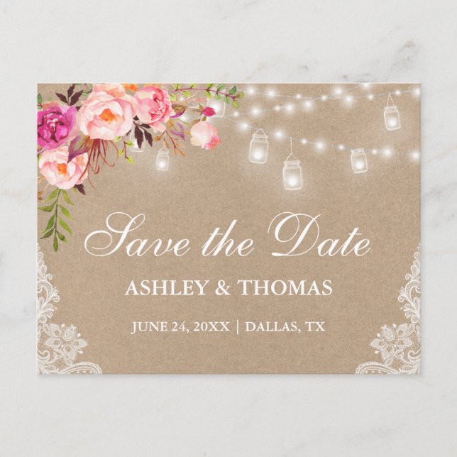 Rustic Kraft Jar Lights Pink Floral Save the Date Announcement Postcard (Front)