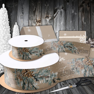 Rustic Kraft Juniper Branch Cones Merry Christmas Satin Ribbon