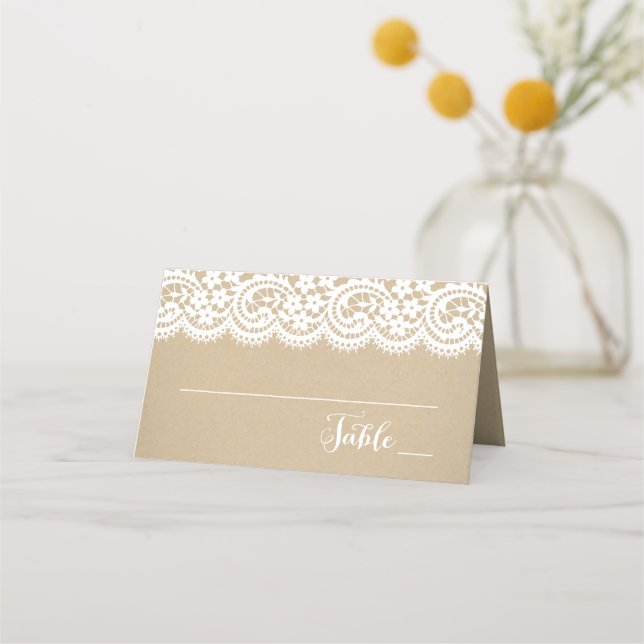 Rustic Kraft Lace and Gold Polka Dot Wedding Place Card (Front)