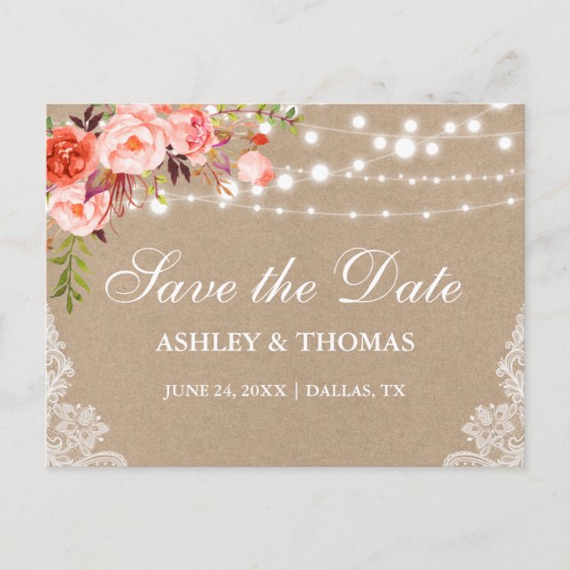 Rustic Kraft Lace Coral Floral Save the Date Announcement Postcard (Front)