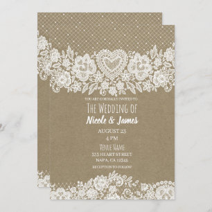 Rustic Kraft & Lace Farmhouse Barn Wedding Invitation