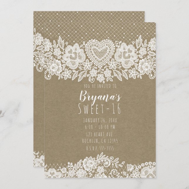 Rustic Kraft  Lace Farmhouse Sweet 16 Birthday Invitation (Front/Back)