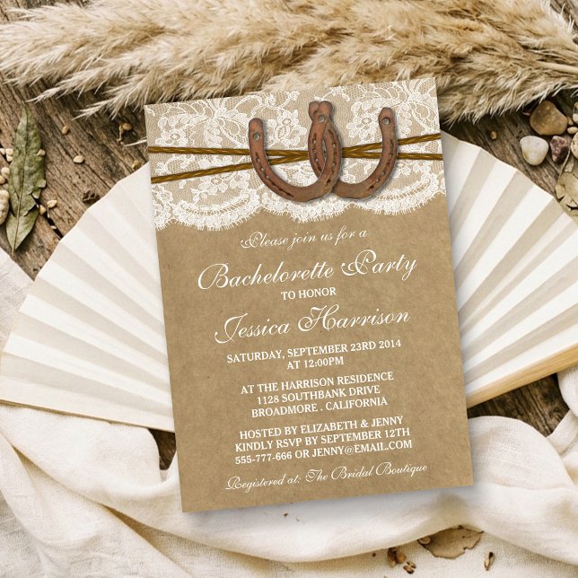 Rustic Kraft & Lace Horseshoe Bachelorette Party Invitation (Creator Uploaded)
