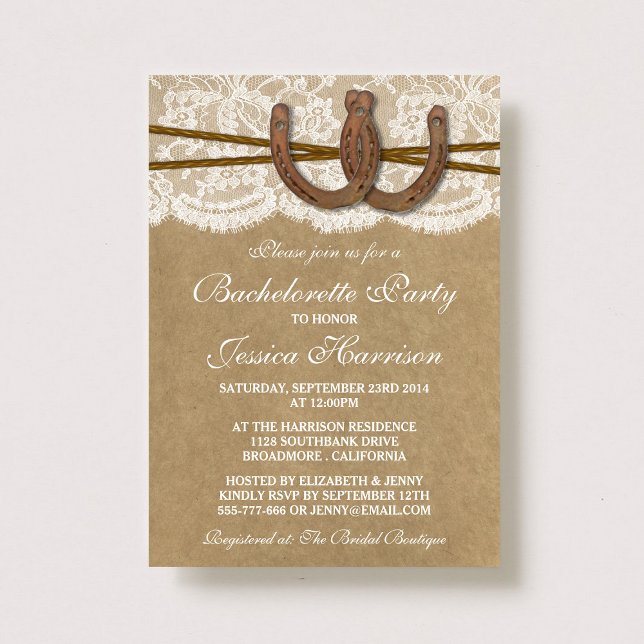 Rustic Kraft & Lace Horseshoe Bachelorette Party Invitation (Creator Uploaded)