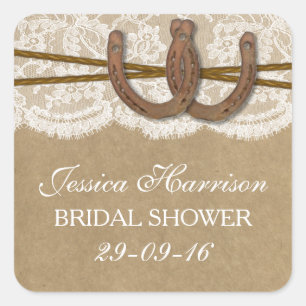 Rustic Kraft & Lace Horseshoe Bridal Shower Square Sticker
