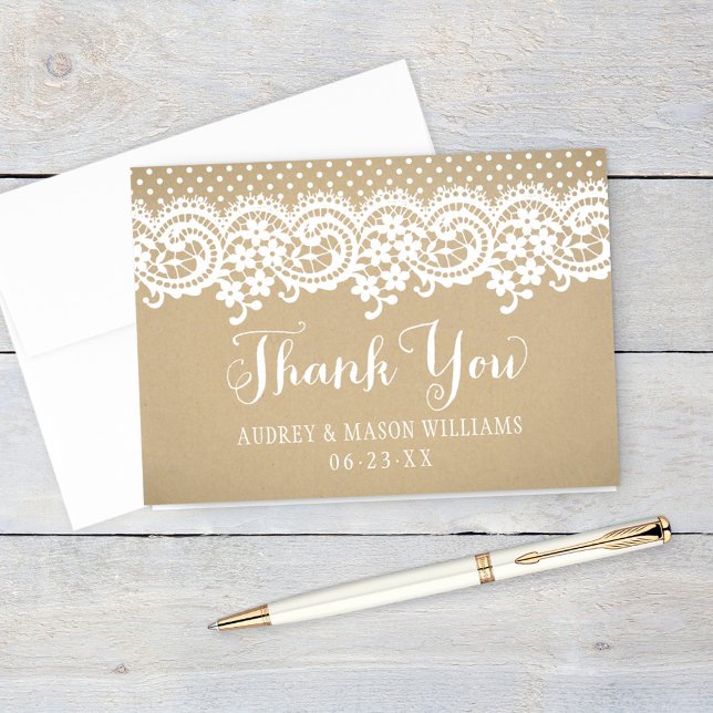 Rustic Kraft Lace Script Monogram Wedding Thank You Card (Creator Uploaded)
