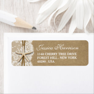 Rustic Kraft, Lace & Starfish Beach Bridal Shower Return Address Label