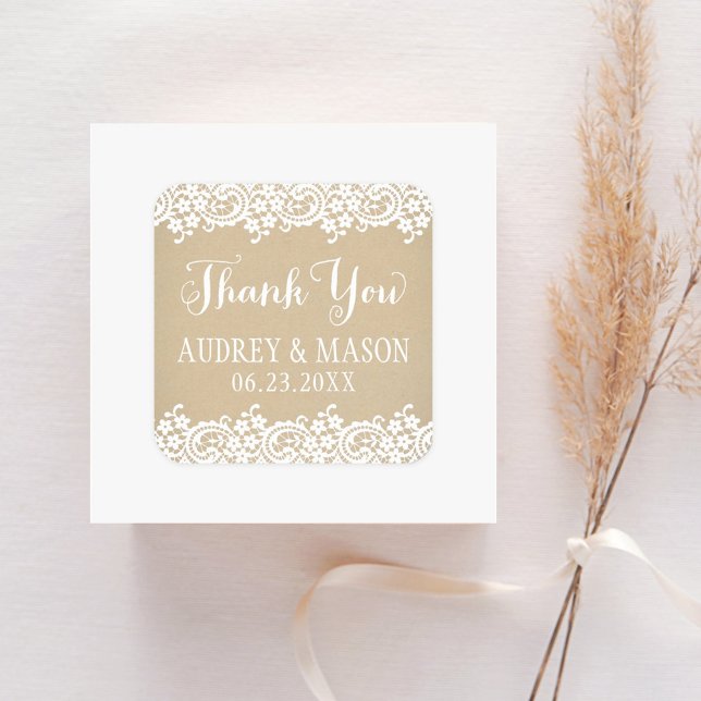 Rustic Kraft Lace Thank You Monogram Square Sticker (Creator Uploaded)