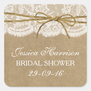 Rustic Kraft, Lace & Twine Bow Bridal Shower Square Sticker
