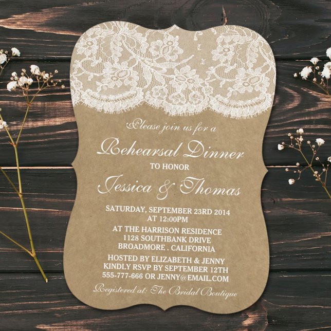 Rustic Kraft & Lace Wedding Rehearsal Dinner Invitation (Creator Uploaded)