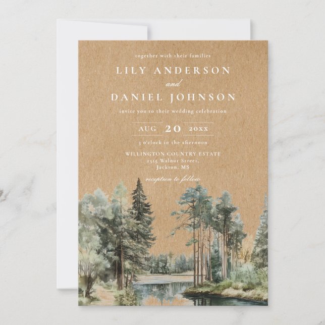 Rustic Kraft Lake Forest Woodland Wedding QR Code Invitation (Front)