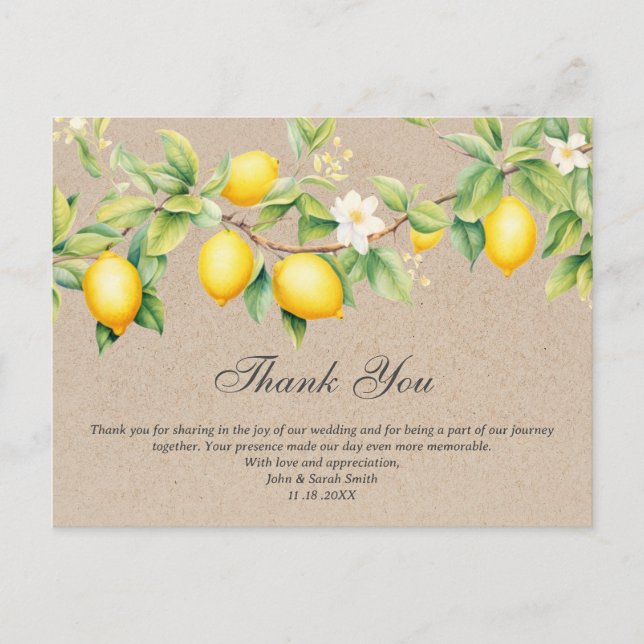 Rustic Kraft Lemon Theme Wedding Thank You Postcard (Front)