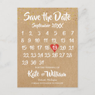 Rustic Kraft Love Heart Calendar Save the Date Announcement Postcard
