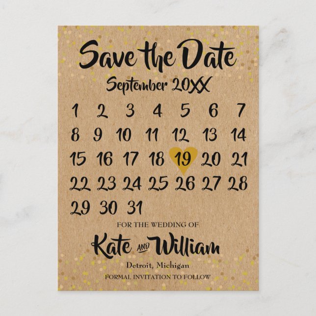 Rustic Kraft Love Heart Calendar Save the Date Announcement Postcard (Front)