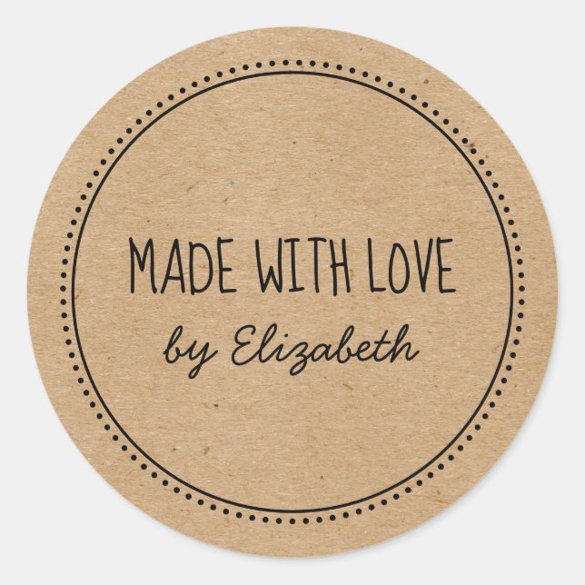 Rustic Kraft Made With Love Handwritten Dotted Classic Round Sticker (Front)