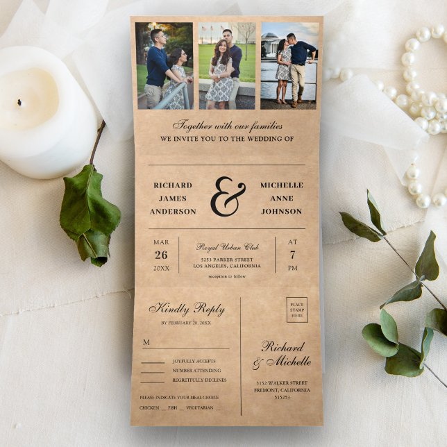 Rustic Kraft Minimal 3 in 1 Photo Collage Wedding Tri-Fold Invitation (Creator Uploaded)