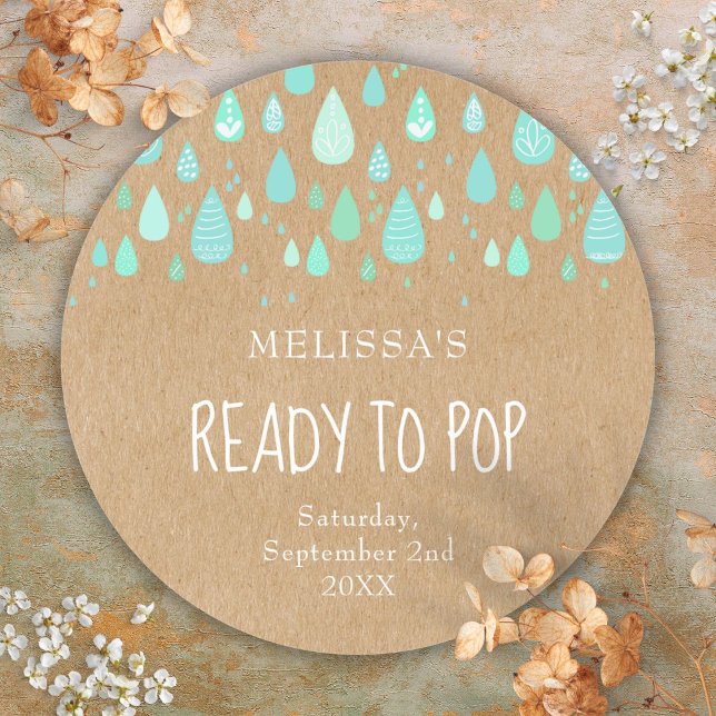 Rustic Kraft Mint Green Raindrops Ready to Pop Classic Round Sticker (Rustic Kraft Mint Green Raindrops Ready to Pop Classic Round Sticker)