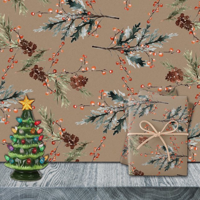 Rustic Kraft Mixed Spruce Pine Cones Red Berries Wrapping Paper Sheet (Rustic Kraft Mixed Spruce Pine Cones Red Berries Christmas Holiday Gift Wrapping Paper Sheets Trio
)