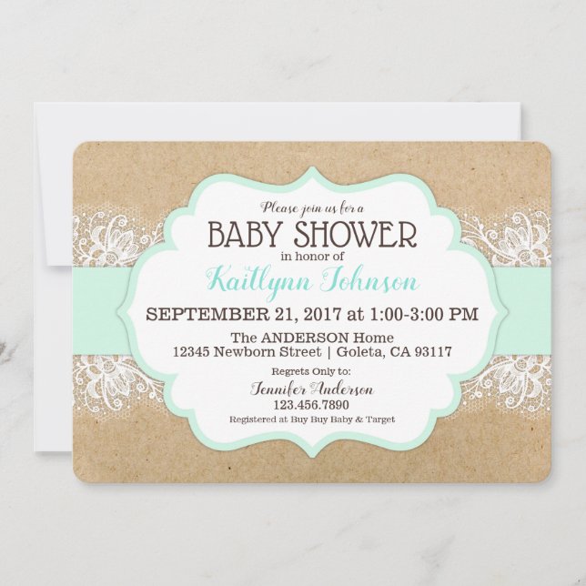 Rustic Kraft Modern Lace Sea Foam Baby Shower Invitation (Front)