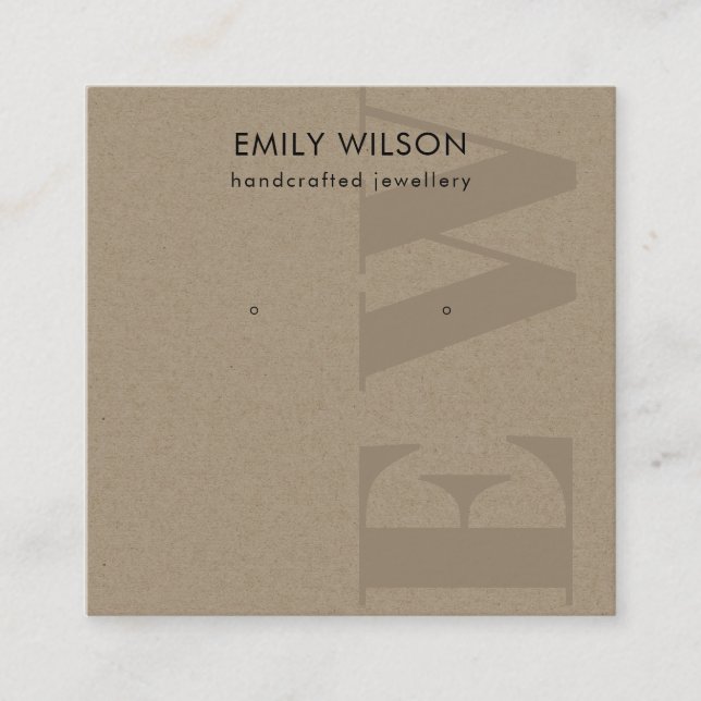 Rustic Kraft Monogram Stud Earring Display Square Business Card (Front)
