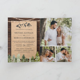 Rustic Kraft Mountain Forest Photo QR Code Wedding Invitation
