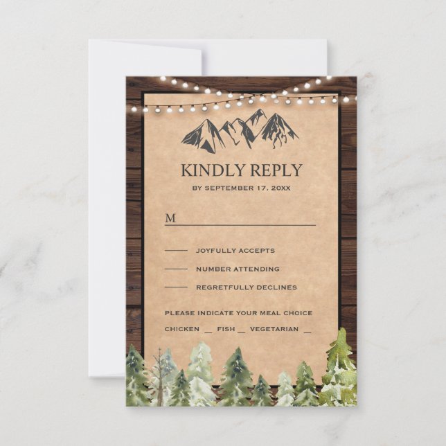 Rustic Kraft Mountain Forest Wedding RSVP Card (Front)