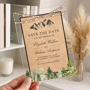 Rustic Kraft Mountain Forest Wedding Save the Date Acrylic Invitations