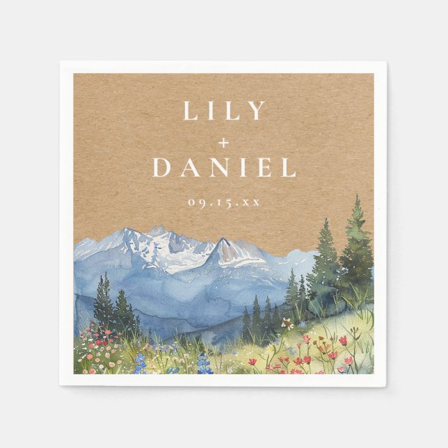Rustic Kraft Mountain Wildflower Wedding Napkin (Front)